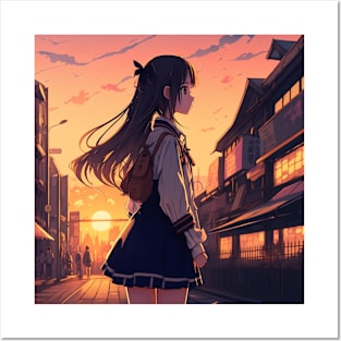 Enchanting Anime Sunset: Sailor Schoolgirl's Downtown Stroll Posters and Art